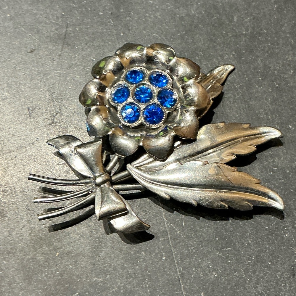 Vintage Silver Flower Brooch with Blue Accents